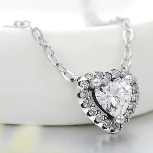 Sterling silver halo design heart pendant necklace 925 sterling with clear cz - Picture 3 of 5